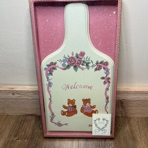 French Country Wooden Wall Decor Bears Welcome Sign 11.5” Ivory Pink Blue READ